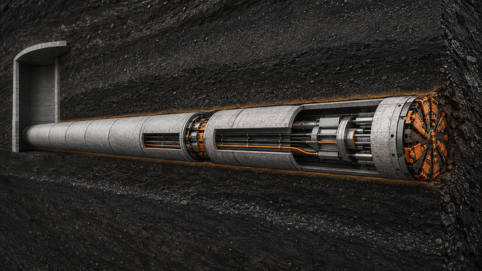 Cutaway of a long-distance microtunnelling system with all service lines contained inside the pipe string
